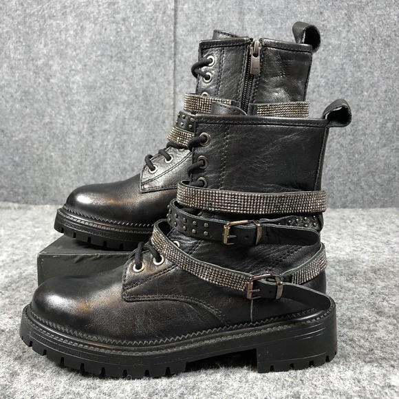 Steve Madden Womens Black Leather Combat Boots Rhinestone Harness Lug Sole Zip - Picture 3 of 16